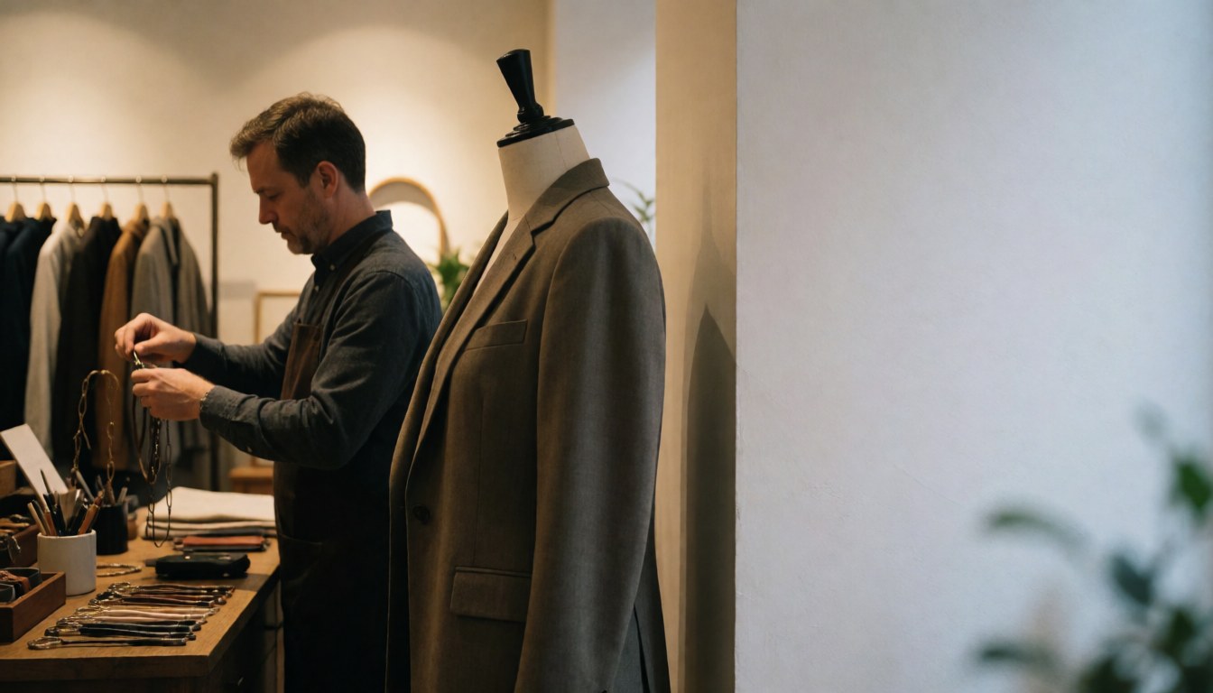 Le propriétaire d'une boutique de vêtements organise des accessoires sur une table, avec un mannequin vêtu d'un blazer au premier plan et un mur blanc offrant de l'espace pour un titre.