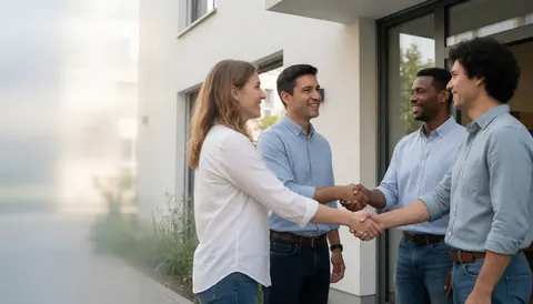 Des adultes se serrent la main devant un centre communautaire moderne, illustrant la collaboration, la diversité et le travail d'équipe dans un cadre professionnel et positif.