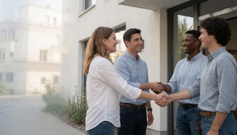 Des adultes se serrent la main devant un centre communautaire moderne, illustrant la collaboration, la diversité et le travail d'équipe dans un cadre professionnel et positif.