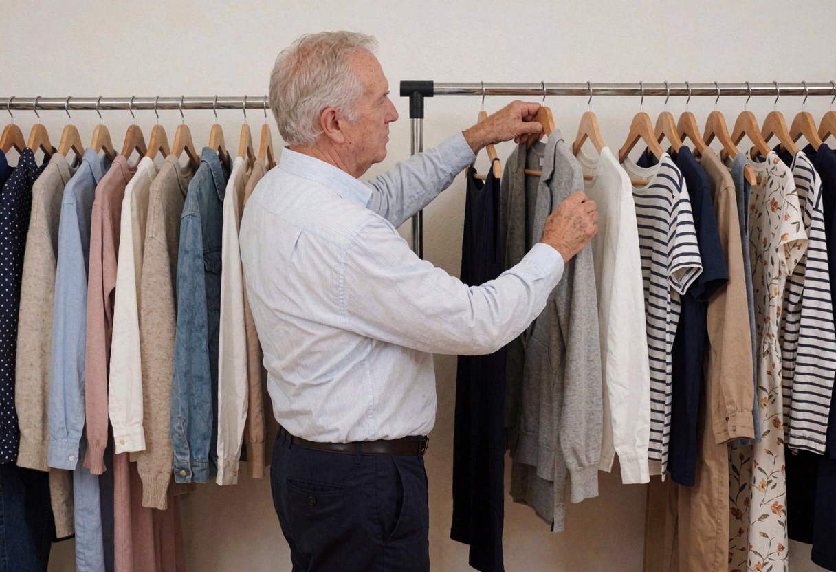 Un homme organise les vêtements sur des cintres dans une boutique pour maintenir l'ordre et la présentation.