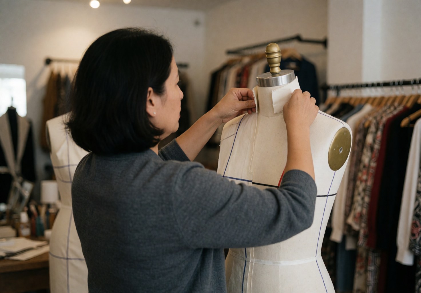 Une tailleuse ajuste un patron sur un mannequin dans une boutique de vêtements, avec des cintres et une lumière douce en arrière-plan.