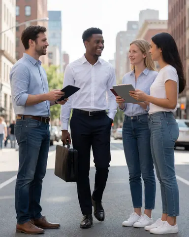Un jeune homme souriant marche dans une rue urbaine en discutant avec trois collègues tenant des documents et des mallettes, évoquant un travail collaboratif positif.