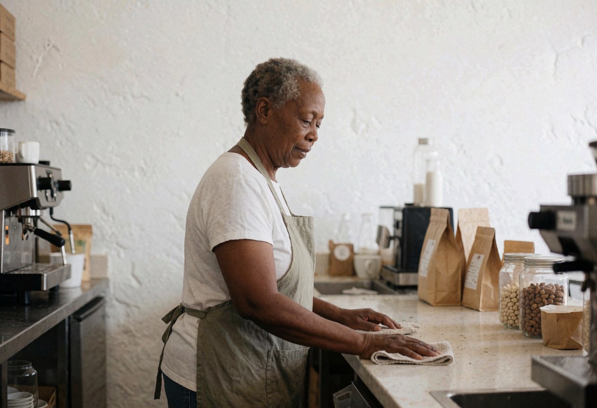 Une femme âgée portant un tablier essuie le comptoir avec une serviette dans un café aux murs blancs, machines et sacs de café visibles.