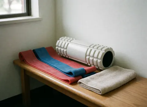 Bandes élastiques rouges et bleues, rouleau de mousse blanc et serviette beige disposés sur un banc en bois près d'une fenêtre baignée de lumière naturelle.