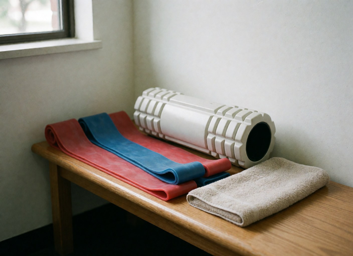 Bandes élastiques rouges et bleues, rouleau de mousse blanc et serviette beige disposés sur un banc en bois près d'une fenêtre baignée de lumière naturelle.