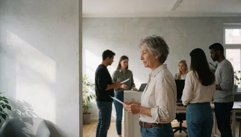 Espace de travail lumineux aux murs gris, décoré de plantes, où des professionnels utilisent des ordinateurs et des documents dans un environnement moderne et ouvert.