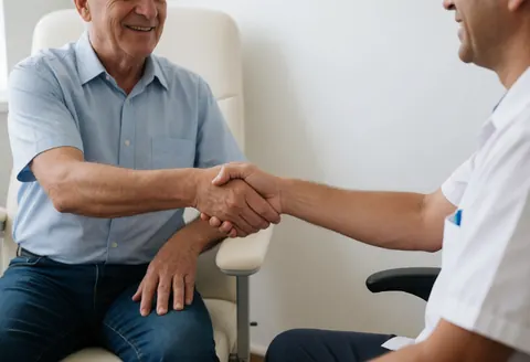 Un professionnel de la santé sourit et serre la main d'un patient dans un cabinet médical, créant une ambiance chaleureuse et rassurante.