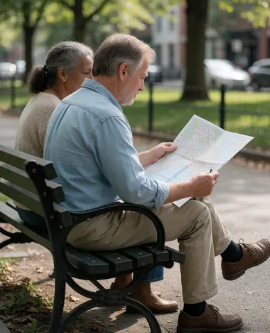 Un couple examine attentivement une carte touristique étalée sur une table pour organiser les détails de leur prochain voyage ensemble.