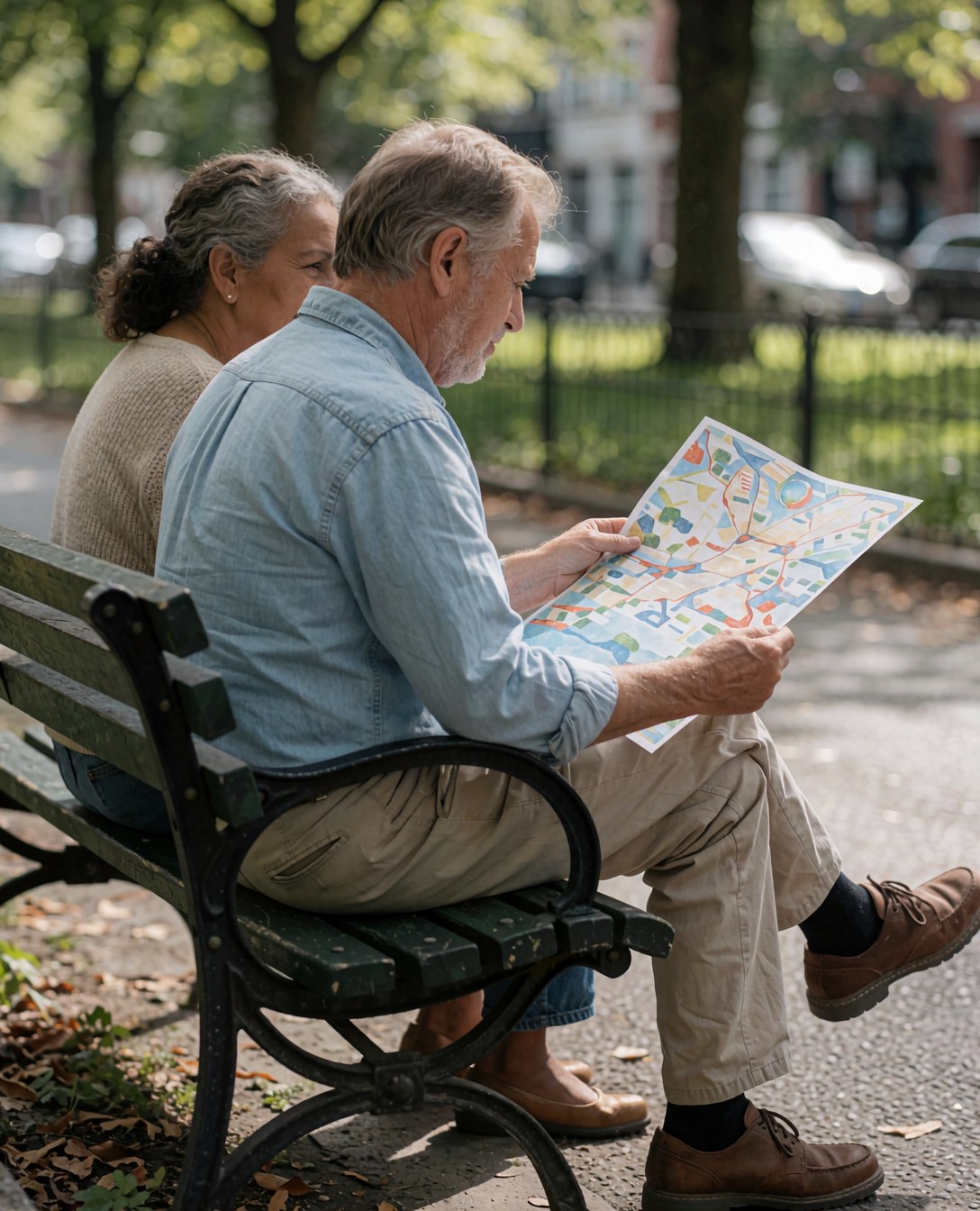 Un couple examine attentivement une carte touristique étalée sur une table pour organiser les détails de leur prochain voyage ensemble.