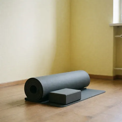 Un tapis de yoga et un bloc d'alignement posés sur un plancher en bois clair, devant un mur jaune vif, évoquant calme et bien-être.