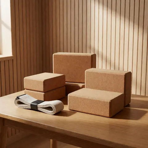 Blocs de yoga en liège et corde enroulée sur une table en bois, avec lumière naturelle et murs lambrissés, idéal pour la pratique et la décoration minimaliste.