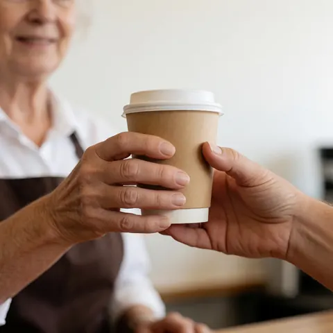 Prise de vue rapprochée des mains d'une personne tenant une tasse en carton avec couvercle blanc, contenant du café chaud prêt à être consommé.