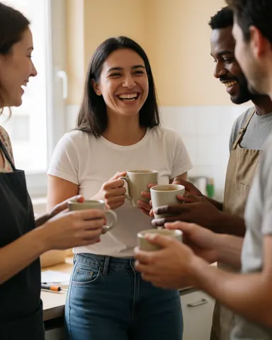 Une cliente heureuse rit joyeusement après une session de formation ou de présentation réussie en milieu professionnel.