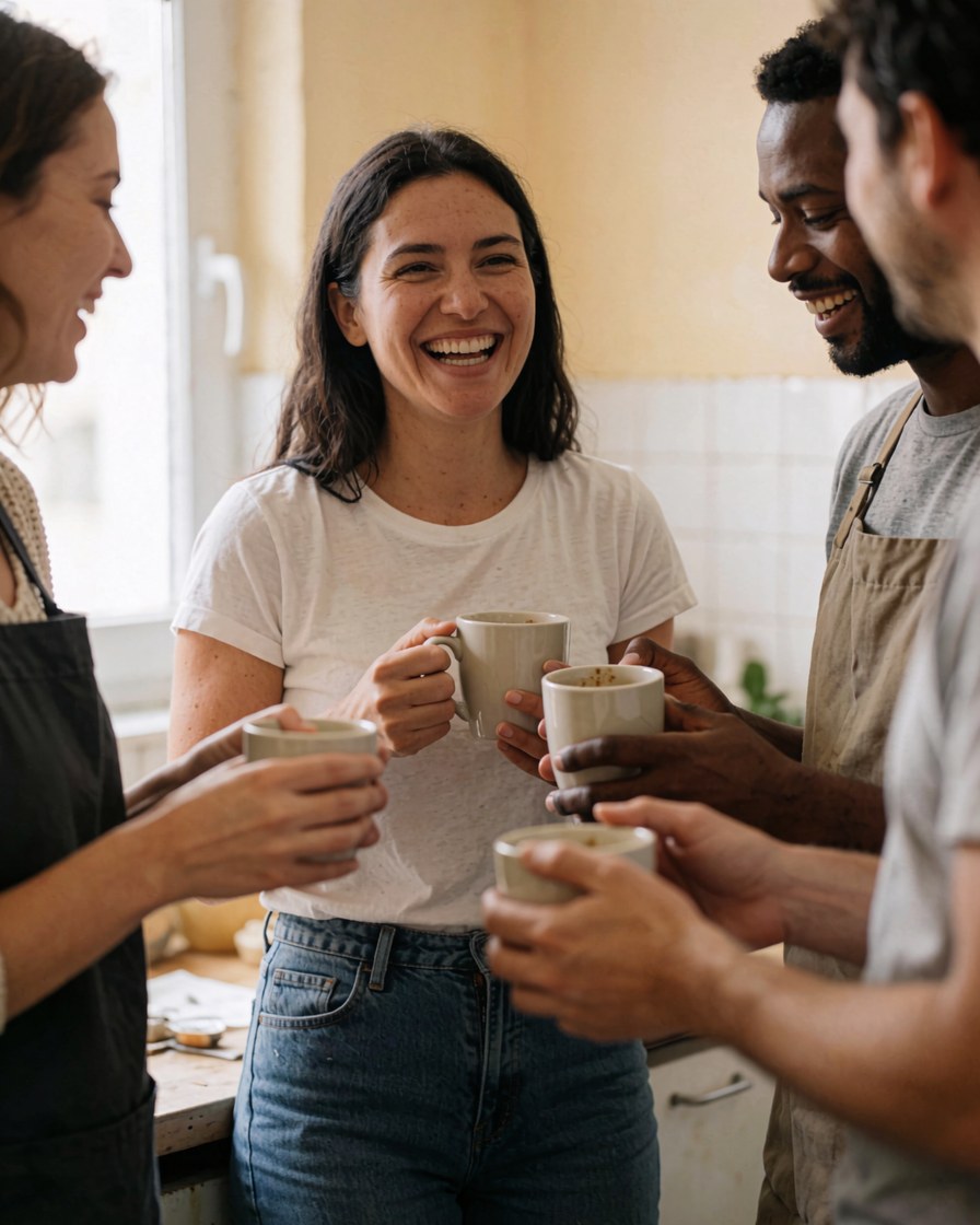 Une cliente heureuse rit joyeusement après une session de formation ou de présentation réussie en milieu professionnel.