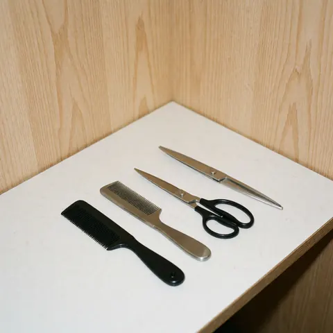 Un peigne et une paire de ciseaux posés sur une surface plane et propre, évoquant un environnement professionnel de barbier.