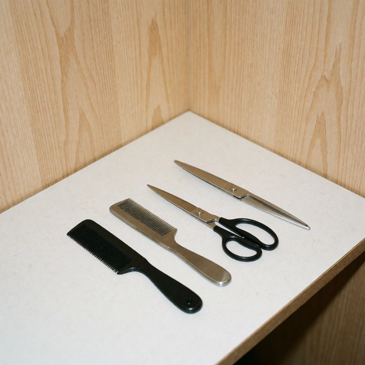 Un peigne et une paire de ciseaux posés sur une surface plane et propre, évoquant un environnement professionnel de barbier.