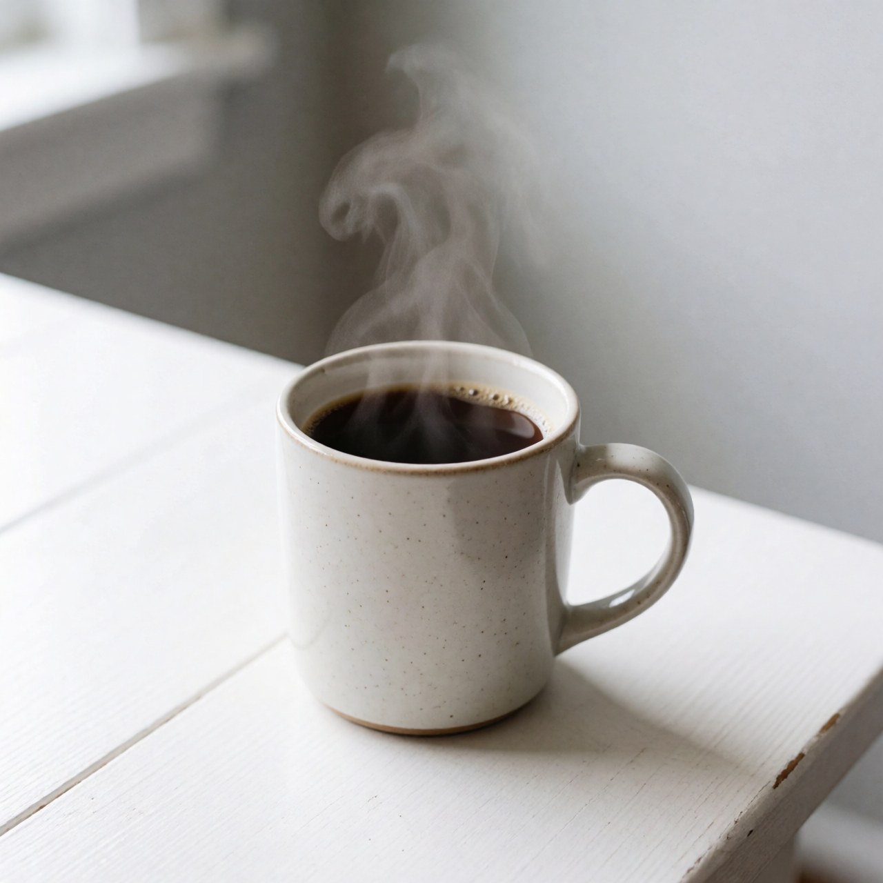 Une tasse en céramique contenant du café chaud dégageant de la vapeur, posée sur une surface blanche lisse et propre.