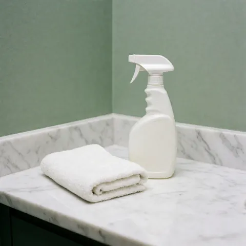 Bouteille de nettoyant universel et serviette blanche pliée sur un plan de travail en marbre blanc veiné de gris, fond vert doux, idéal pour les services de nettoyage professionnel.