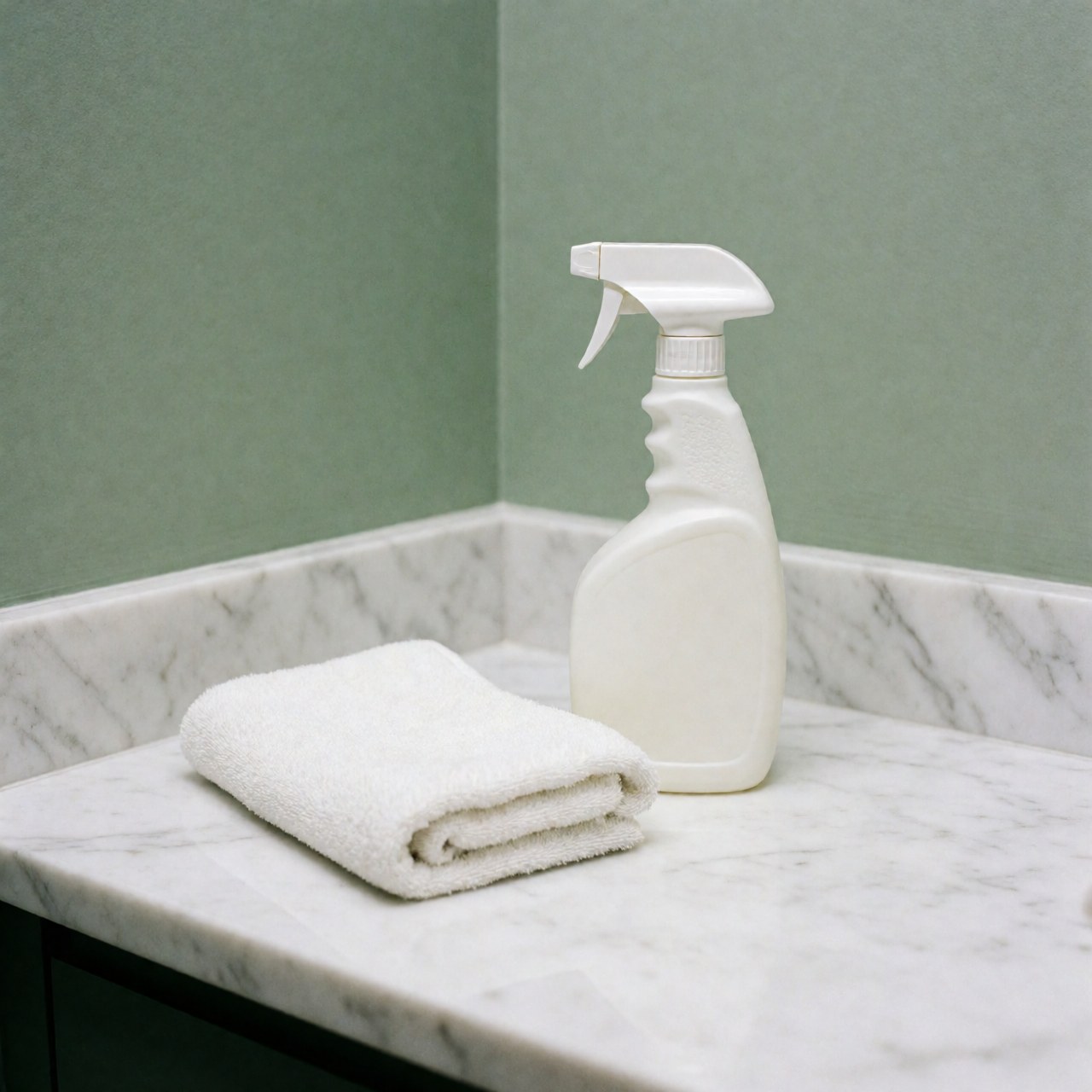 Bouteille de nettoyant universel et serviette blanche pliée sur un plan de travail en marbre blanc veiné de gris, fond vert doux, idéal pour les services de nettoyage professionnel.