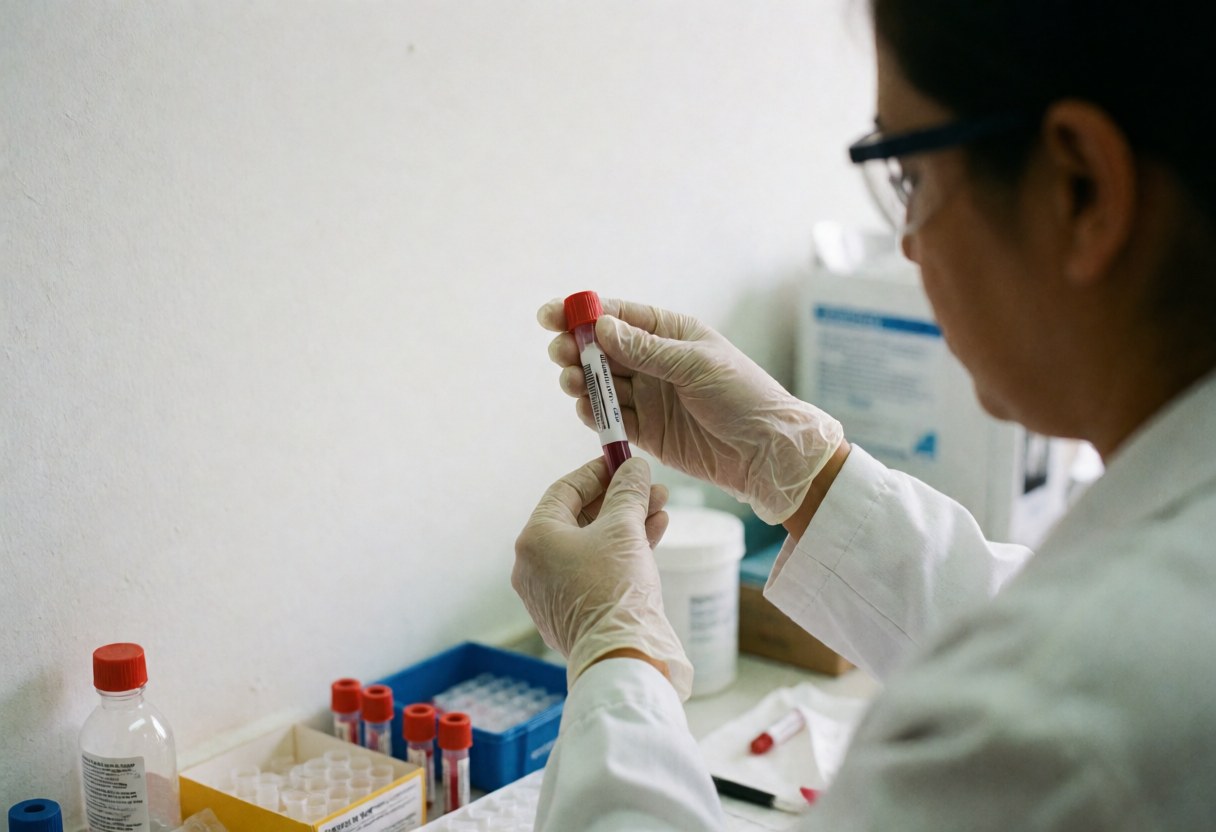 Un technicien en laboratoire clinique manipule un tube contenant du sang, portant des gants et des lunettes de protection dans un environnement professionnel.