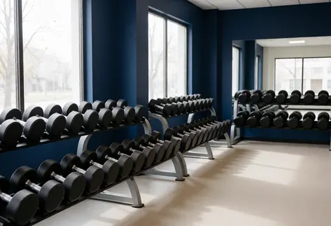 Vue intérieure d'un espace de fitness moderne et vide, présentant des équipements de musculation alignés sur un sol propre sous une lumière naturelle.