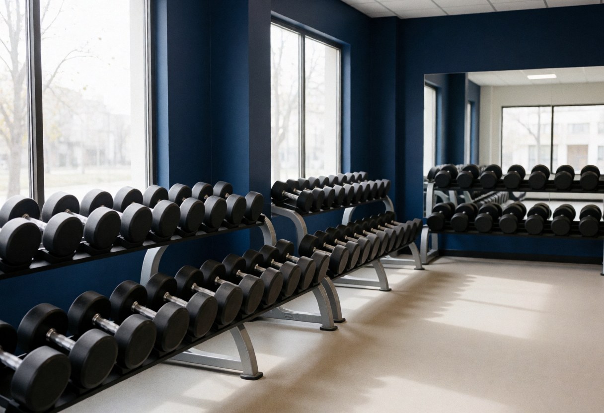 Vue intérieure d'un espace de fitness moderne et vide, présentant des équipements de musculation alignés sur un sol propre sous une lumière naturelle.