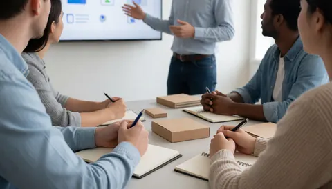 Salle de réunion avec présentation sur écran, cahiers et kits d'accueil disposés sur une table en bois dans un environnement professionnel lumineux.