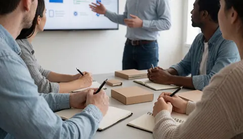 Salle de réunion avec présentation sur écran, cahiers et kits d'accueil disposés sur une table en bois dans un environnement professionnel lumineux.
