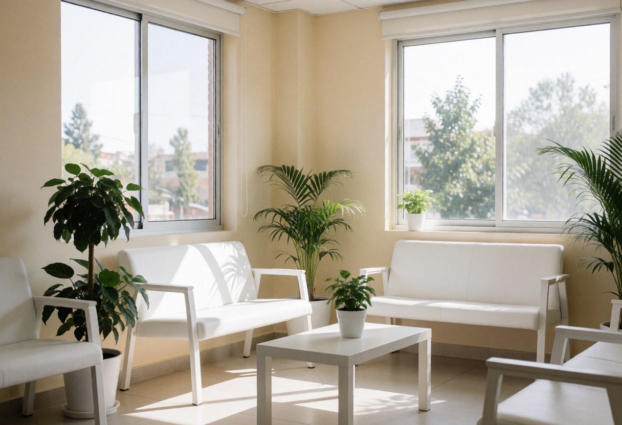 Salle d'attente clinique propre et moderne avec meubles blancs, plantes vertes et grandes fenêtres laissant entrer la lumière naturelle.