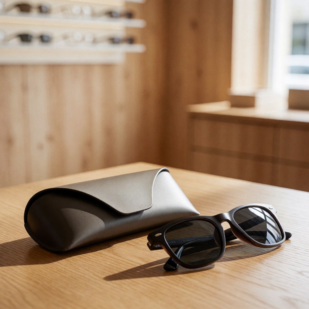 Une boîte à lunettes noire avec des lunettes de soleil pliées posée sur une table en bois clair, éclairée par la lumière naturelle, devant un fond flou de magasin d'optique.