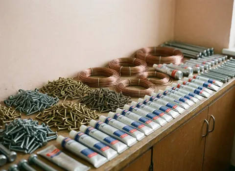Comptoir en bois présentant des vis, du fil de cuivre et des tubes de colle industrielle sur fond beige avec éclairage naturel.