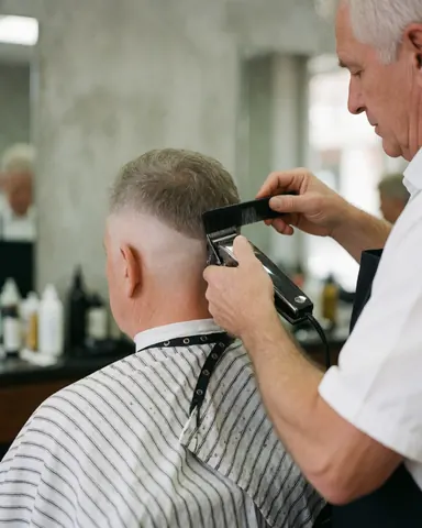Un barbier professionnel utilise une tondeuse électrique pour réaliser une dégradation précise sur la chevelure d'un client dans un salon de coiffure masculin.