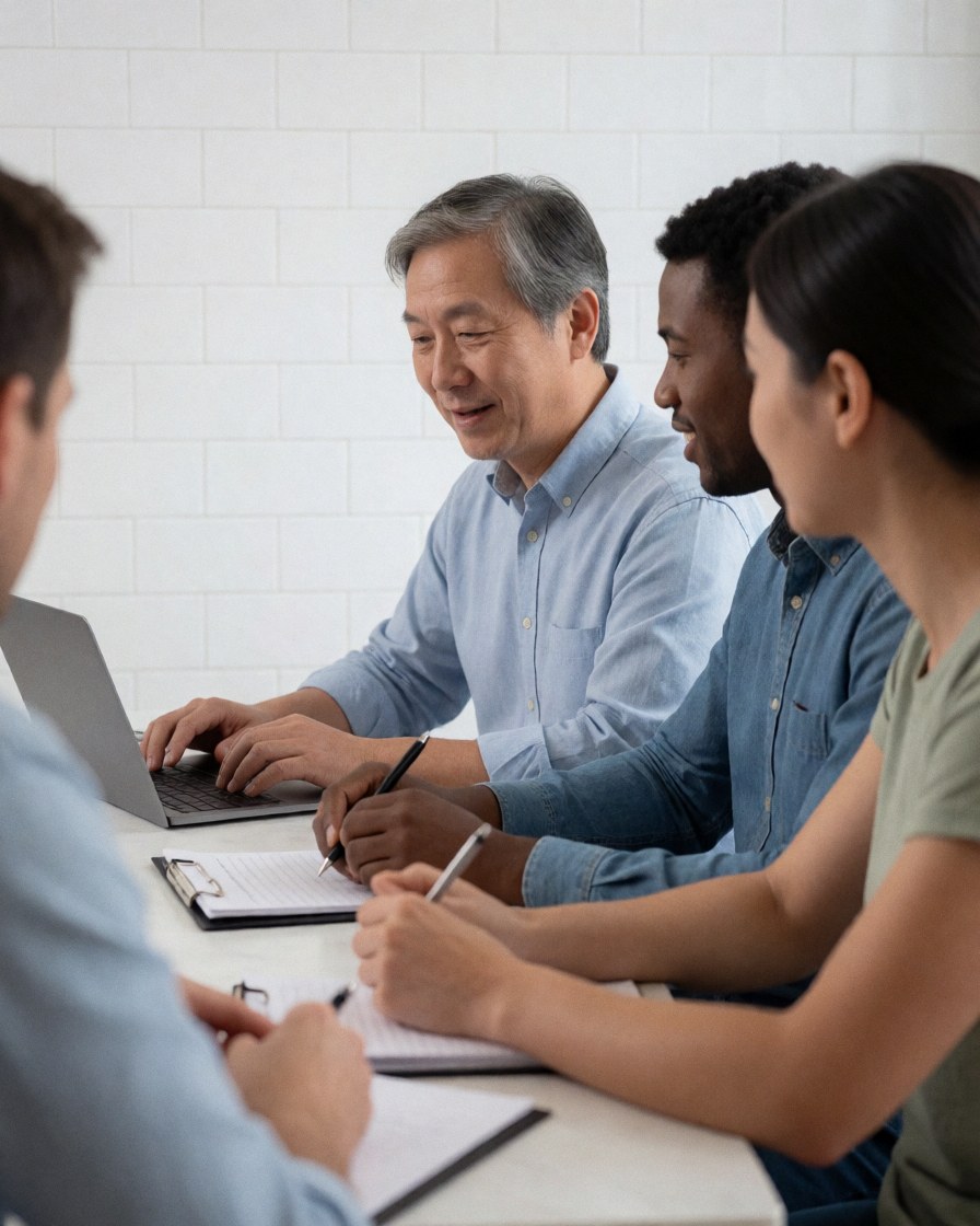 Une cliente souriante approuve une session de formation à distance sur son ordinateur portable.