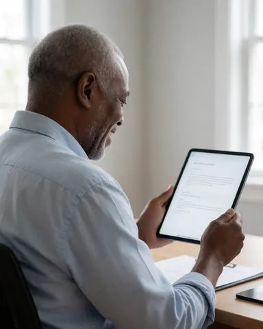 Un homme d'âge mûr sourit en regardant un écran d'ordinateur dans un bureau, illustrant la satisfaction client et le succès du marketing digital.