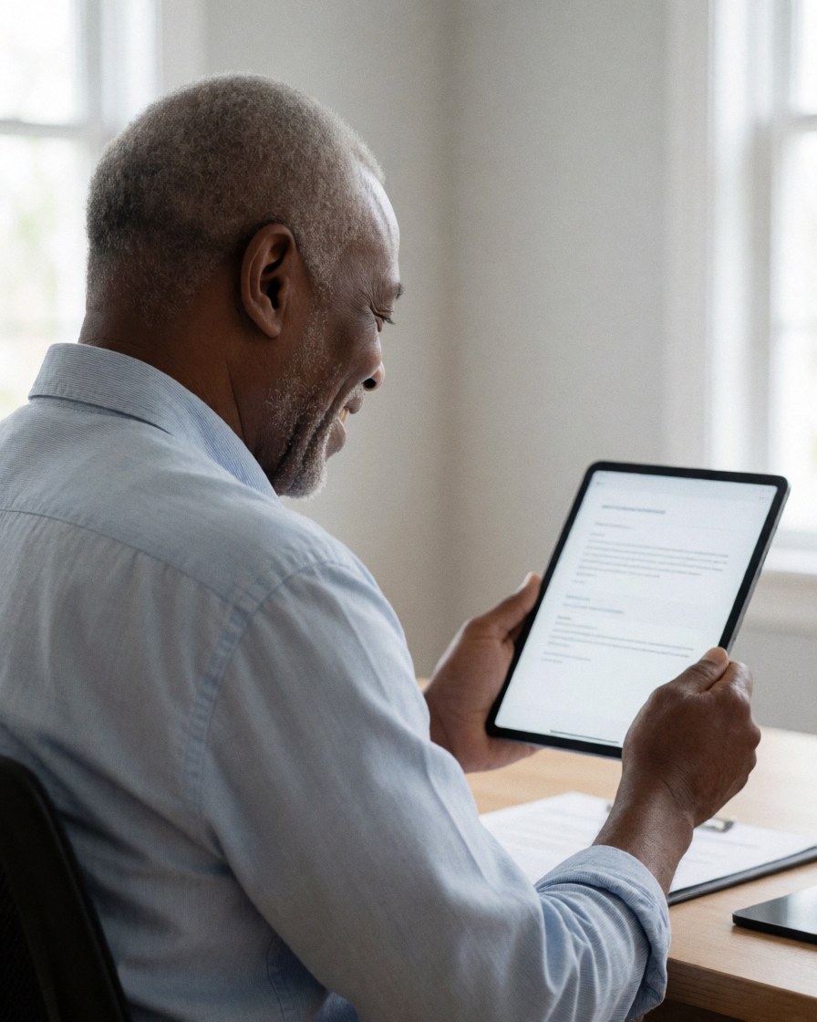 Un homme d'âge mûr sourit en regardant un écran d'ordinateur dans un bureau, illustrant la satisfaction client et le succès du marketing digital.