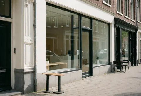 Façade d'agence de marketing avec grandes fenêtres, intérieur visible, table et chaise sur le trottoir, sol propre et ambiance professionnelle.