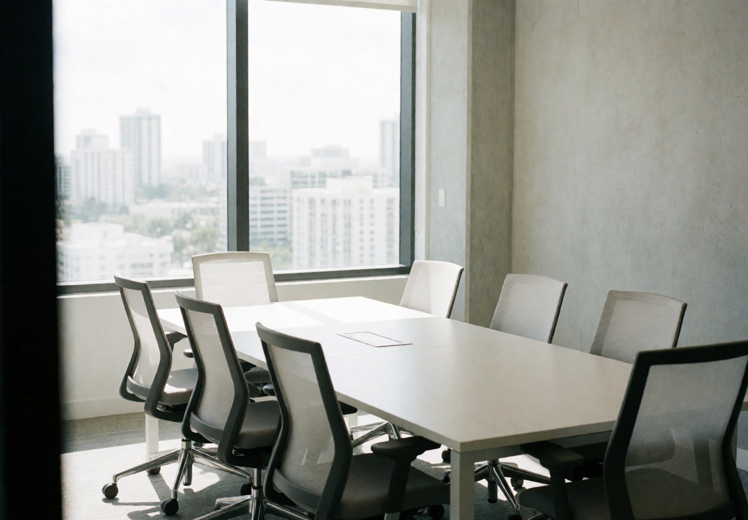 Salle de réunion moderne avec table blanche, chaises ergonomiques, grande fenêtre vue ville, murs béton, lumière naturelle, ambiance professionnelle.