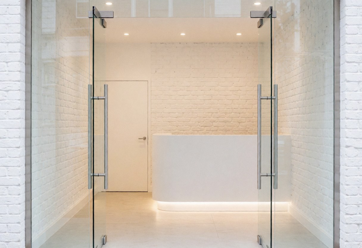 Façade en verre et murs en briques blanches d'une salle de sport contemporaine, éclairage chaleureux et espace minimaliste.