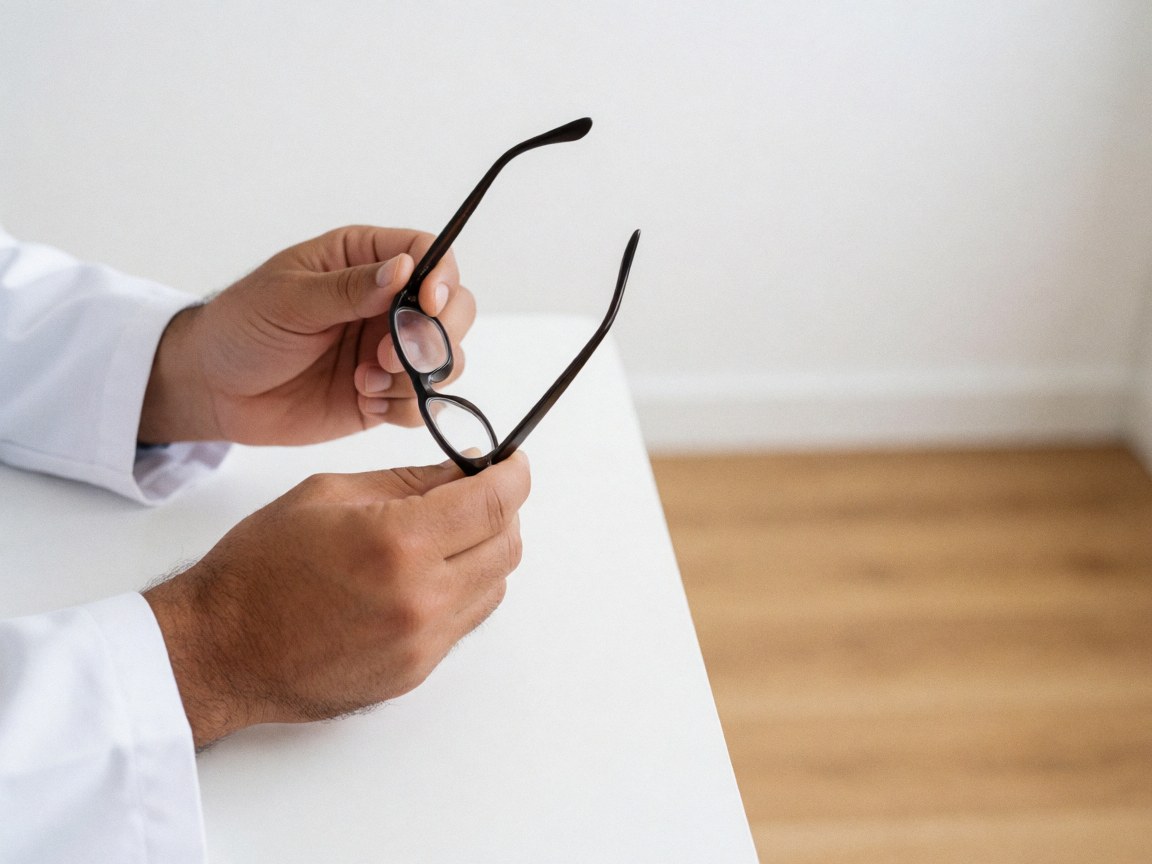 Une main tenant des lunettes posées sur une surface blanche avec un fond flou pour un rendu professionnel et réaliste.
