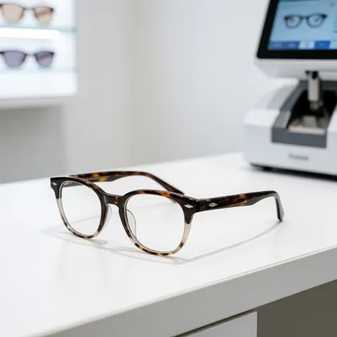 Plusieurs paires de lunettes de vue et de soleil aux montures variées disposées sur une table blanche, illustrant un choix optique moderne.