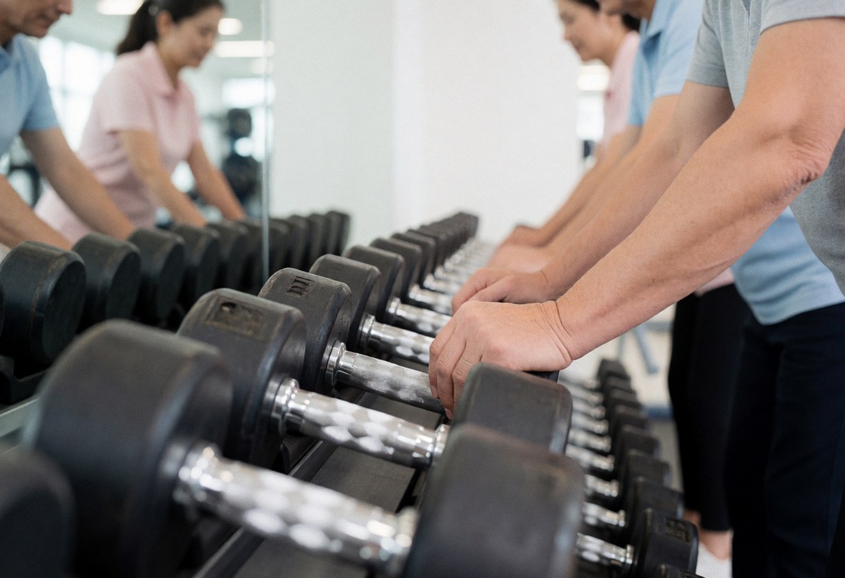 Une rangée d'haltères alignés sur un support en métal au sein d'un gymnase moderne, avec des équipements de fitness en arrière-plan.