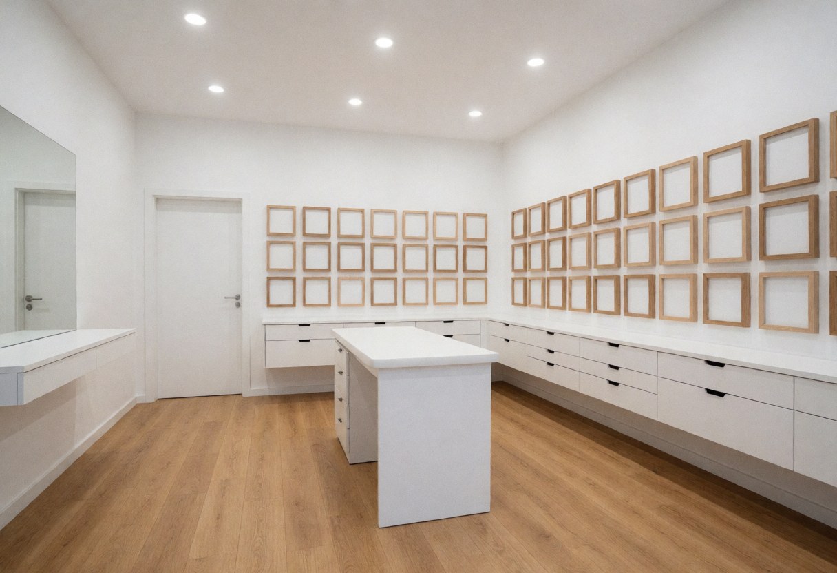 Intérieur propre et lumineux d'une optique vide avec murs blancs, sol en bois clair, table centrale blanche et cadres de lunettes exposés sur les parois.