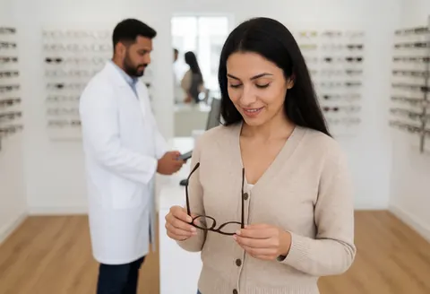 Une femme sourit en tenant une monture de lunettes dans une optique professionnelle avec un vendeur en arrière-plan.