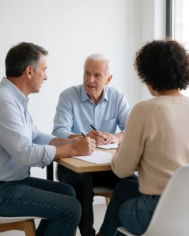 Groupe de professionnels discutant autour d'une table dans un bureau moderne avec documents et ordinateurs.