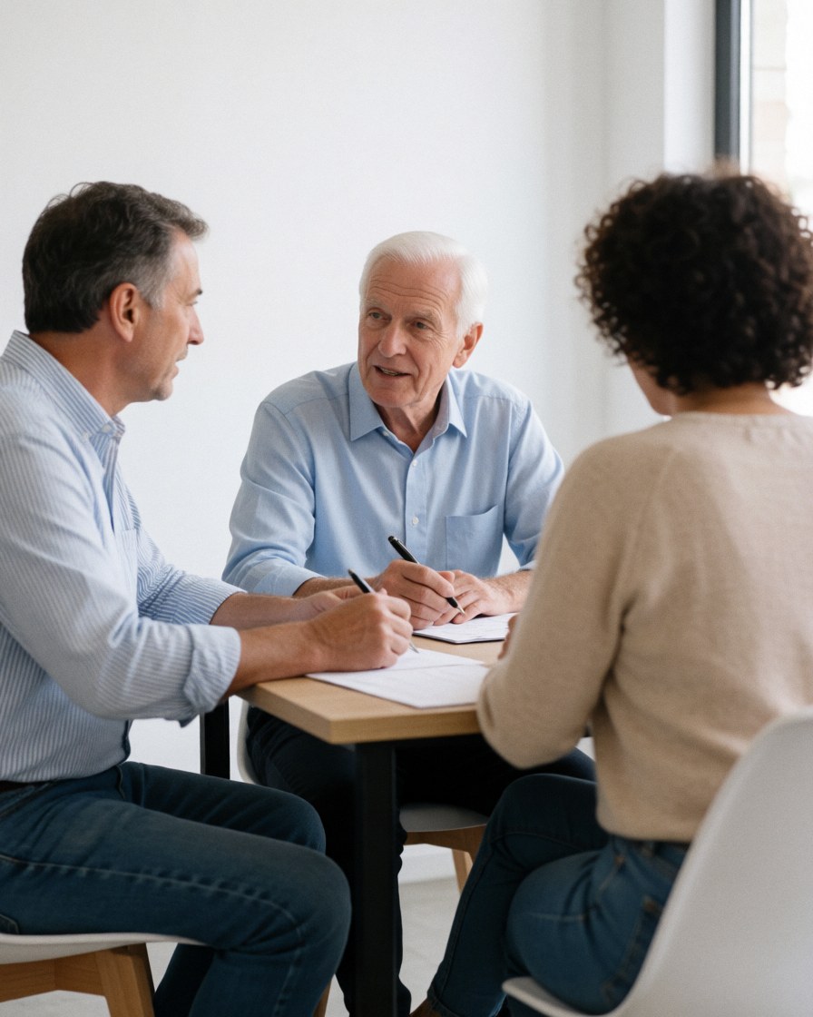Groupe de professionnels discutant autour d'une table dans un bureau moderne avec documents et ordinateurs.