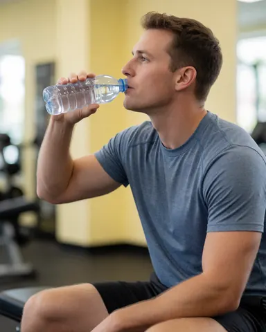 Un homme assis sur un banc dans une salle de sport, tenant une bouteille d'eau, visiblement satisfait après son entraînement.