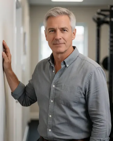 Un manager d'âge mûr portant une chemise grise se tient adossé à un mur, regard sérieux, avec du matériel de fitness et une lumière naturelle en arrière-plan.