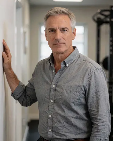 Un manager d'âge mûr portant une chemise grise se tient adossé à un mur, regard sérieux, avec du matériel de fitness et une lumière naturelle en arrière-plan.