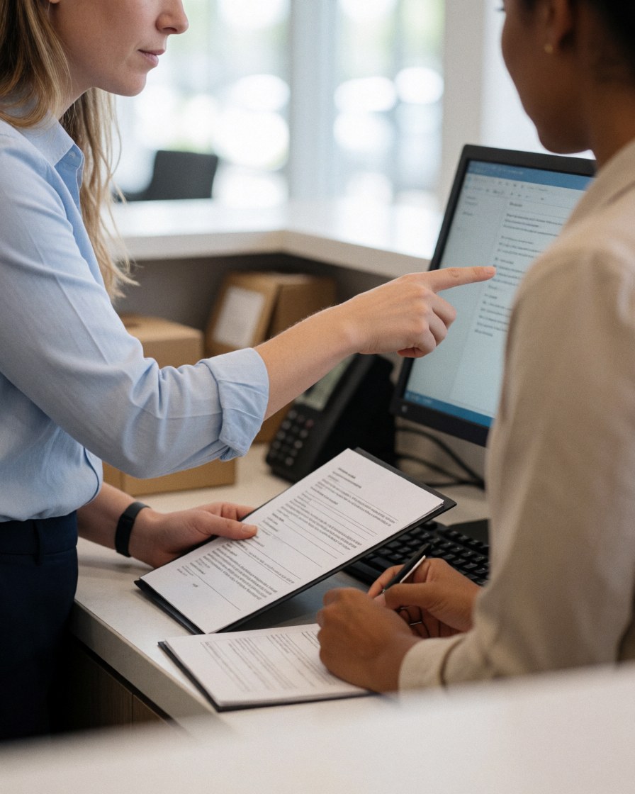 Deux professionnelles analysent ensemble des papiers et consultent un ordinateur dans un environnement de travail moderne et lumineux.