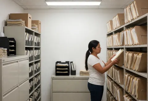 Des dossiers financiers rangés sur des étagères dans un bureau de banque, illustrant l'organisation et le stockage des documents.